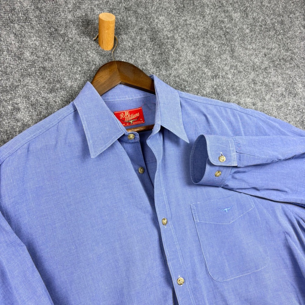RM Williams Mens Blue Cotton Button Down Shirt XL Long Sleeve Made in Australia